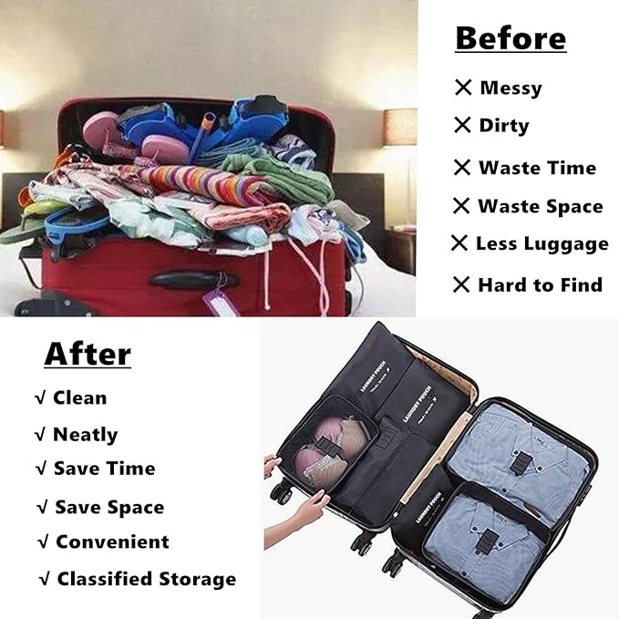 6 Pack Travel Organizer with Laundry Pouch, Electronics & Compression Storage Bags, Clothing & Underwear Pouch, Luggage Organizer for Backpack & Carry On Suitcase - Black