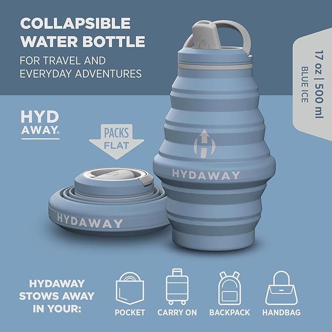 HYDAWAY 17oz Travel Collapsible Water Bottle - BPA-Free, Leakproof, Lightweight, Reusable