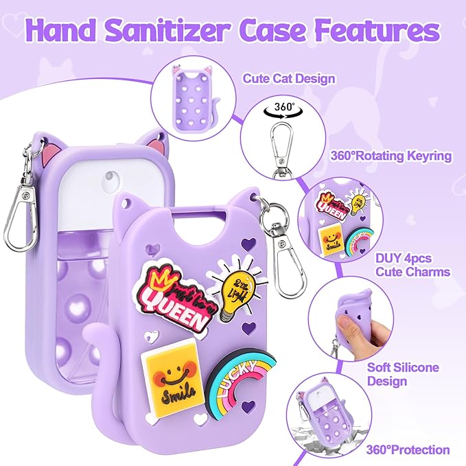 Mity rain Hand Sanitizer Spray Case Compatible With Touchland, Cute Silicone Hand Sanitizer Holder Keychain with 4 Charms, Portable Refillable Sanitizer Accessory, Gift For Women And Teens(Purple)