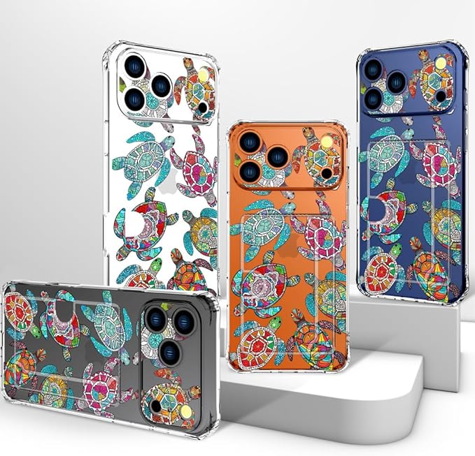 Compatible with iPhone 17 Pro Case Card Holder for Women Cute Design,Wallet Phone Cases Transparent Cool Kawaii Protective (Clear Sea Turtles Animal Tribal)