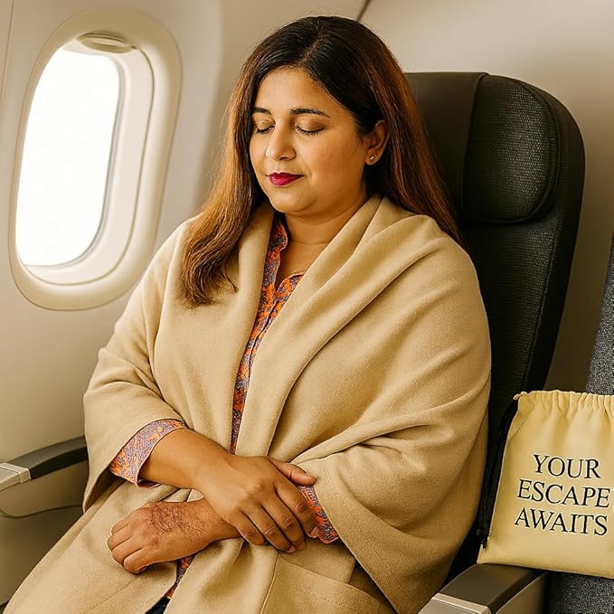 Wayfarer Shawl with Pouch | Voyagers Comfort Set with Luxury Travel Scarf, Eye Mask, Satin Scrunchies & Travel Pouch