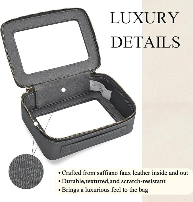 NGIL Clear Faux Leather Travel Toiletry Bag, Makeup Bag Organizer for Women, Clear Window & Gold Zipper Makeup Bag, Road Trip Essential, Skincare, Cruise Ship Essentials (Dark Silver)