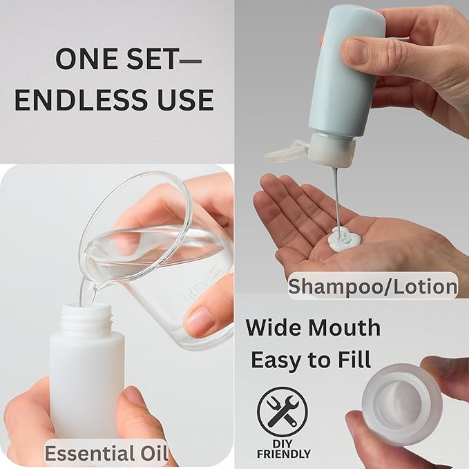2oz 8-Pieces TSA Approved Translucent Squeeze Bottles with Flip Cap & Extra Screw Caps, Leak Proof, FDA Compliant. Safe for Premium Costmetic, Shampoo, Conditioner DIY projects and Camping.