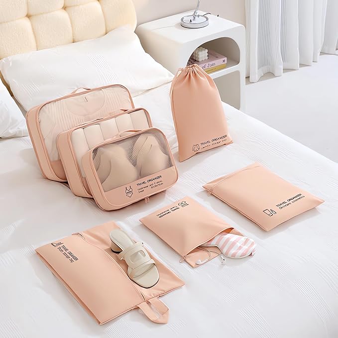 7PCS Packing Cubes for Travel Luggage Organizers Shoe & Toiletry Bag Light Packing Cubes Clothing Underwear Bag Accessories and Essentials for Mom & Women (Pink)