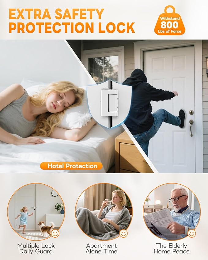 Portable Door Lock for Travel, Adjustable No Drilling Door Reinforcement Lock, Extra Latch Stopper for Hotel Room, Home Apartment, Inward Swing Door - Family & Travelers Security (White-1PC)