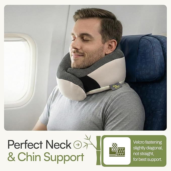 Neck Pillow for Traveling - Bamboo Charcoal Memory Foam with 360° Chin Support for Airplane, Soft & Breathable, Seamless Design, Removable Cover, Travel Accessories Included