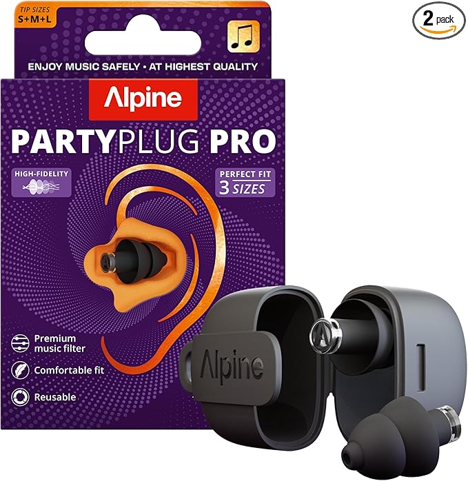Alpine PartyPlug Concert Ear Plugs - Noise Reduction Ear Plugs for Party, Concert, Festival and Music - Reusable Earplugs (Pro Black (Multisize))