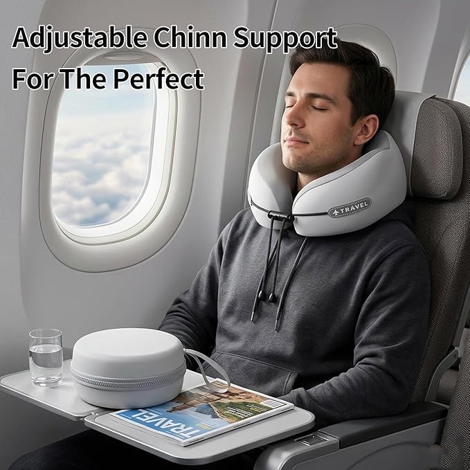 Travel Neck Pillow with Storage Case, 100% Pure Memory Foam, Airplane Head Support for Flight Sleeping, Portable, Gray (Gray Matching)