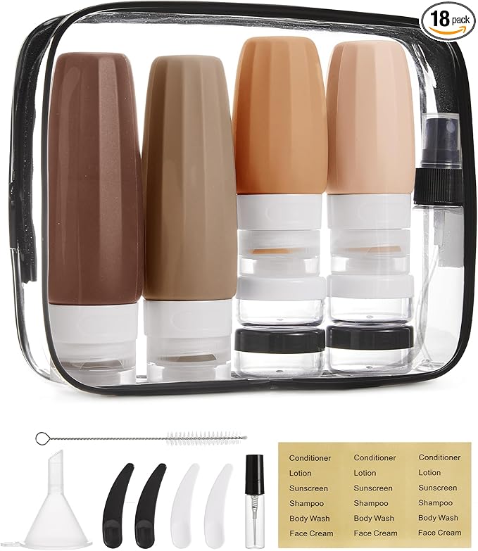BAGSMART 18 Pack TSA Approved Travel Bottles for Toiletries, Leak Proof Silicone Travel Size Containers Bottles for Shampoo, Earth Tone