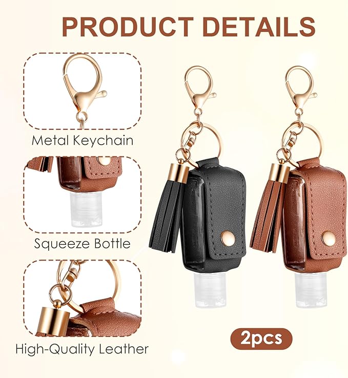 Grevosea 2Pcs Hand Sanitizer Holder, 30ml Portable Leather Hand Sanitizer Travel Size Keychain Empty Squeeze Bottles Refillable Container for Toiletry Lotion Liquid Soap Shampoo (Black+Brown)