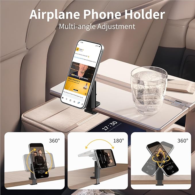 Yunseity Magnetic Airplane Phone Holder, MG-22 Handsfree Airport Phone Mount with 360° Rotation, Universal Portable Travel Phone Stand Travel Essentials for Desk Seat Tray Table