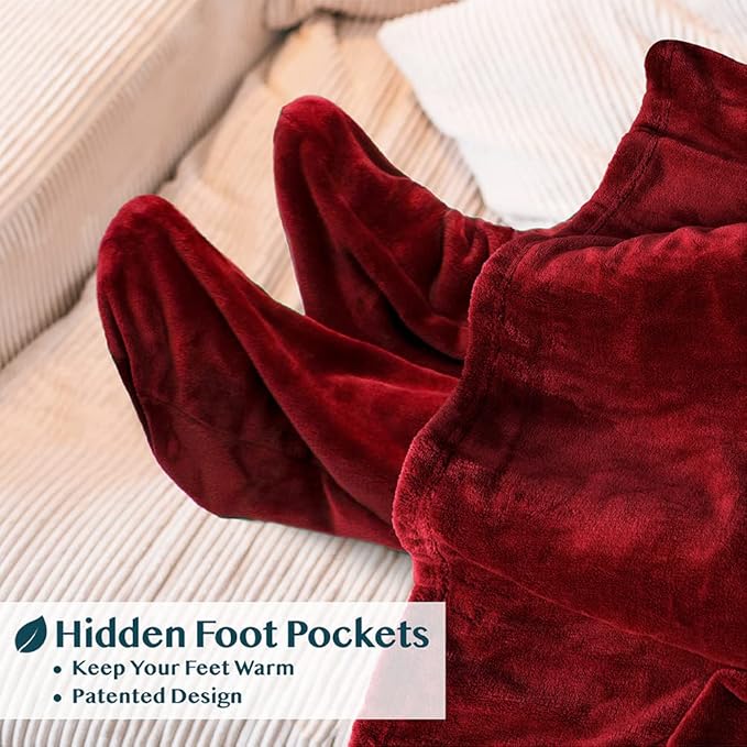 PAVILIA Fleece Blanket with Sleeves, Foot Pockets for Women Men Adults, Plush Wearable Blanket Throw Wrap, Warm Snuggle Blanket Robe, Cozy Gift Ideas Wife Mom, Burgundy Red