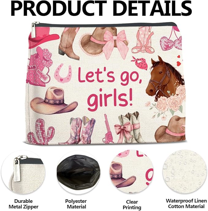LyoGao Western Cowgirl Pink Makeup Bag, Nashville Cosmetic Bag for Country Girl Friend Daughter Sister, Let's Go Girls