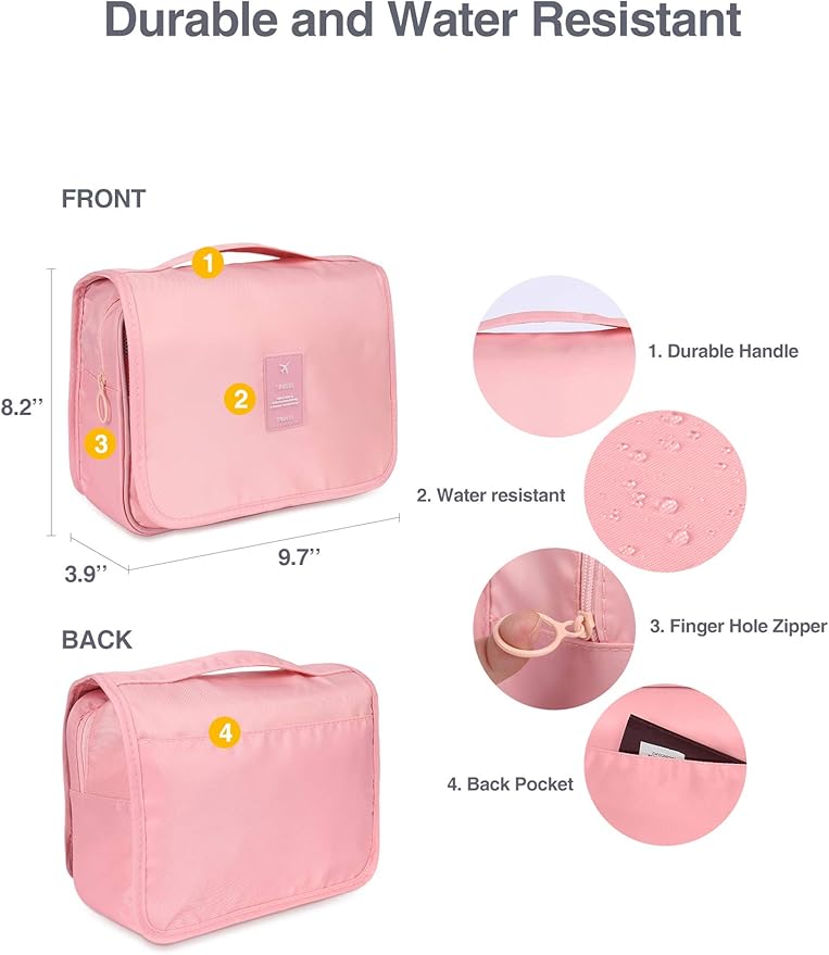 Luxtude Hanging Toiletry Bag for Women with Hanging Hook, Water-resistant Traveling Toiletries Bag, Portable Toiletry Travel Organizer Bag for Toiletries, Shower, Bathroom, Cosmetics Accessories-Pink