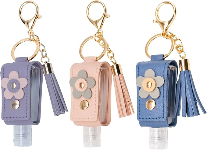 3 Pack Travel Hand Sanitizer Keychain Holders, 1.12oz Leak-Proof Bottles for Lotion & Essentials (Sky Blue, Pink, Lavender Purple)