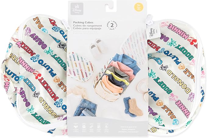 Bumkins Disney Packing Cubes for Travel, Organize Luggage with Compression Bags, Essential Traveling Accessories, Carry On Suitcase for Clothes or Toiletries, Set of 2 Sizes, Mickey and Friends White