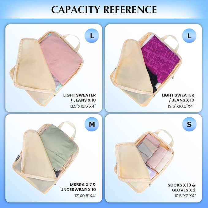 Carry on Compression Packing Cubes Travel for Suitcases ，Compressible Packing Cubes for Travel Women Packing Organizers 4 Set Ultralight (Beige)