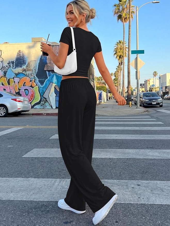 Trendy Queen 2 Piece Matching Summer Lounge Set Womens Side Ruching Top Wide Leg Pants Sets with Pockets