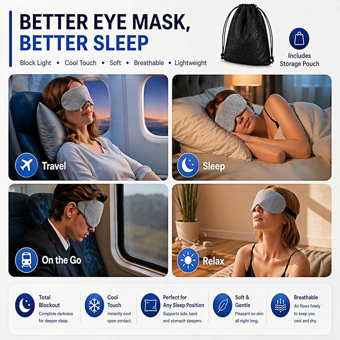 Cool-Touch Cotton Eye Sleep Mask for Men & Women, Soft & Breathable, Pressure-Free Design for Side Sleepers, Adjustable Light Blocking Mask for Sleeping, Travel & Naps (Gray)