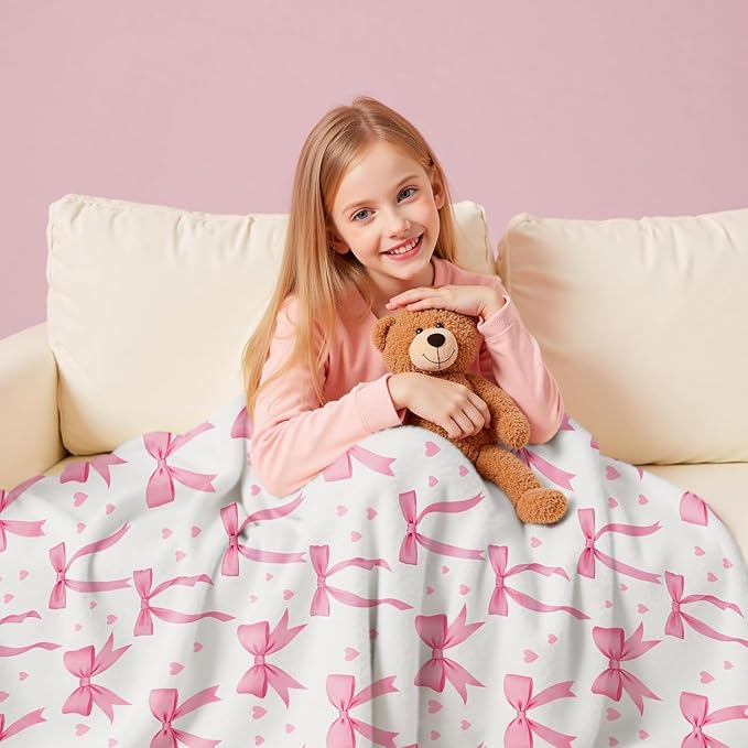 Wajade Pink Bow Blanket for Girls Kids- Pink Bow Blanket Gifts for Girls Women Birthday for Kids Teens Child Toddler Throw 60"x80"