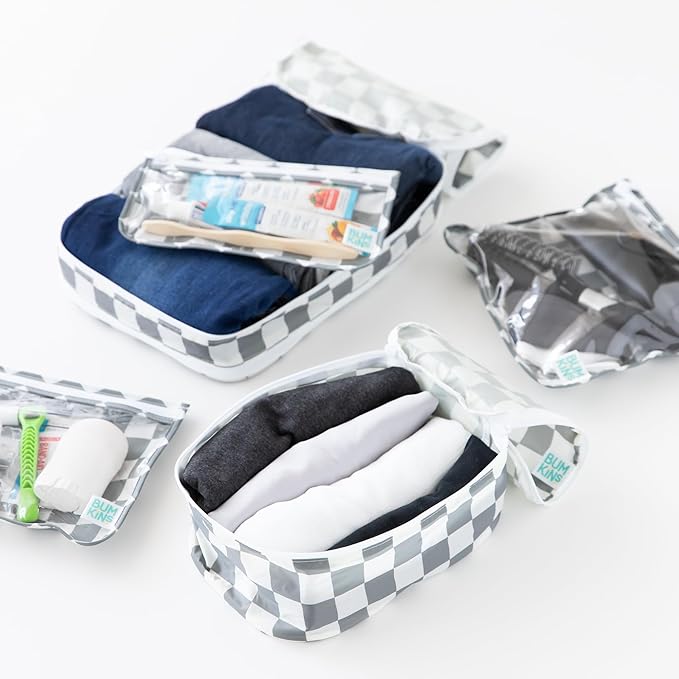 Bumkins Packing Cubes and TSA Approved Pouches for Travel Bag, Organize Luggage with Compression Bag, Essential Traveling Accessories to Pack Clothes, Toiletries Carry On Suitcase, 5-pc Gray Check