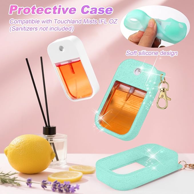 AIERSA Hand Sanitizer Spray Glitter Case Compatible with Touchland, Silicone Hand Sanitizer Case Holder with Keychain for Touch Land Mist 1FL. OZ(Glitter Sequin Green)