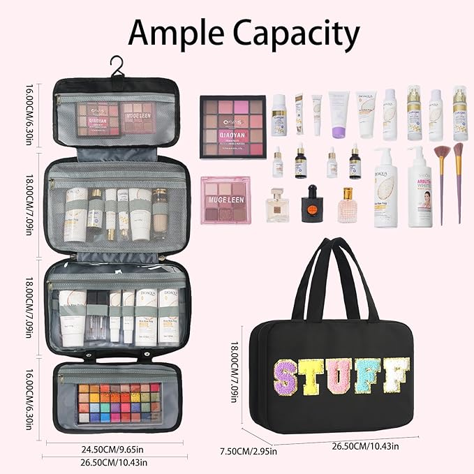 Toiletry Bag for Women Chenille Letter Makeup Bag Water-resistant Cosmetic Bag Travel Bag with Hanging Hook Preppy for Store Toiletries Cosmetic Accessories Medium Black