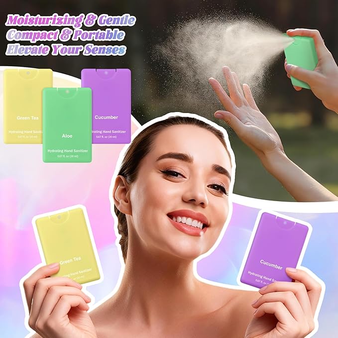 Set of 3 Power Mist Hydrating Hand Sanitizer Spray Bulk Travel Size Refreshing Hand Sanitizer 0.67 Fl. oz Compact Card Spray Bottle Aloe Green Tea Cucumber Scent for Adult Backpack Purse Pocket