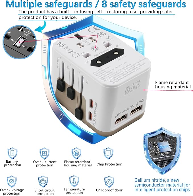 35W Universal Travel Adapter with 4 Ports (2 USB-C & 2 USB-A) – All-in-One Worldwide Power Adapter for US, EU, UK, AU & 200+ Countries – Fast Charging Wall Charger (White)