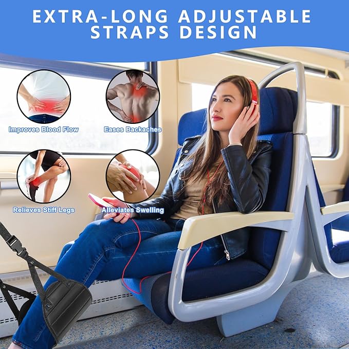 Foot Hammock for Plane Travel - Airplane Foot Rest,Length Adjustable Leg Hammock | Travel Essentials | Desk Foot Hammock for Long Trip - Relax Your Feet,Black,2Pack