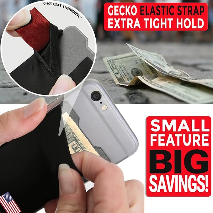 Phone Wallet - Adhesive Card Holder - Cell Phone Pouch - Stick on Lycra Pocket by Gecko - Carry Credit Cards and Cash