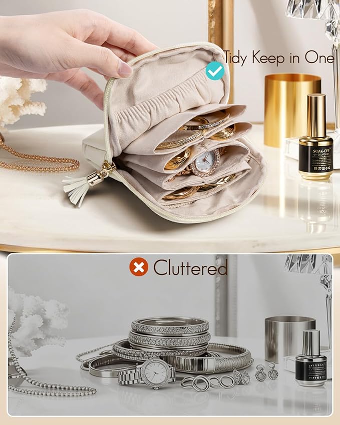 VLANDO Mini Jewelry Travel Case, Mothers Day Gifts for Mom, Jewelry Pouch Bags with Zipper, Velvet Jewelry Organizer Storage Bag for Bracelet Rings Earring Travel Essentials-White