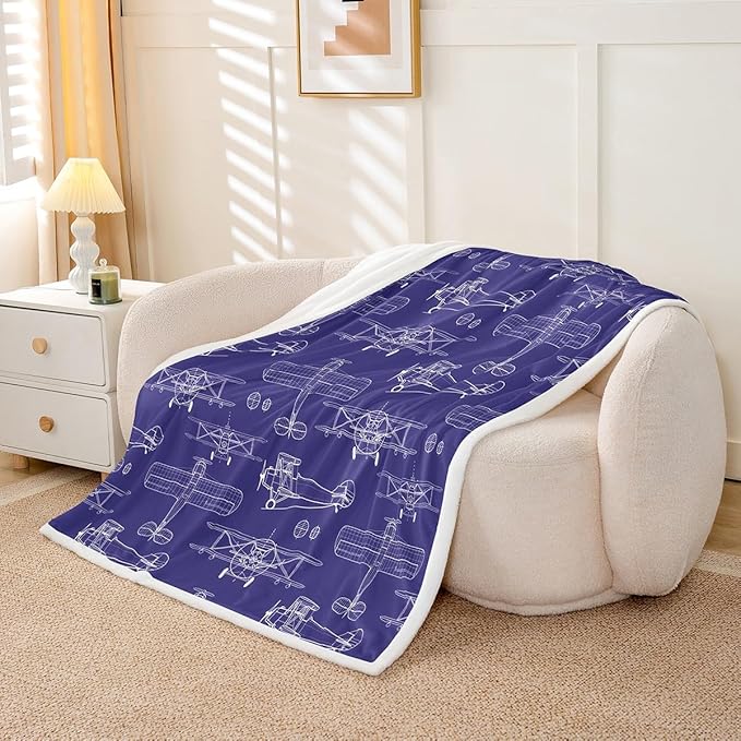 Hand-Painted Airplane Kids Throw Blanket,American Aircraft Toddler Bed Blanket for Girls Boys Adults,Air Vehicles Cartoon Fleece Blanket,Dark Blue Fuzzy Blanket,Throw Size (50 x 60 Inches)