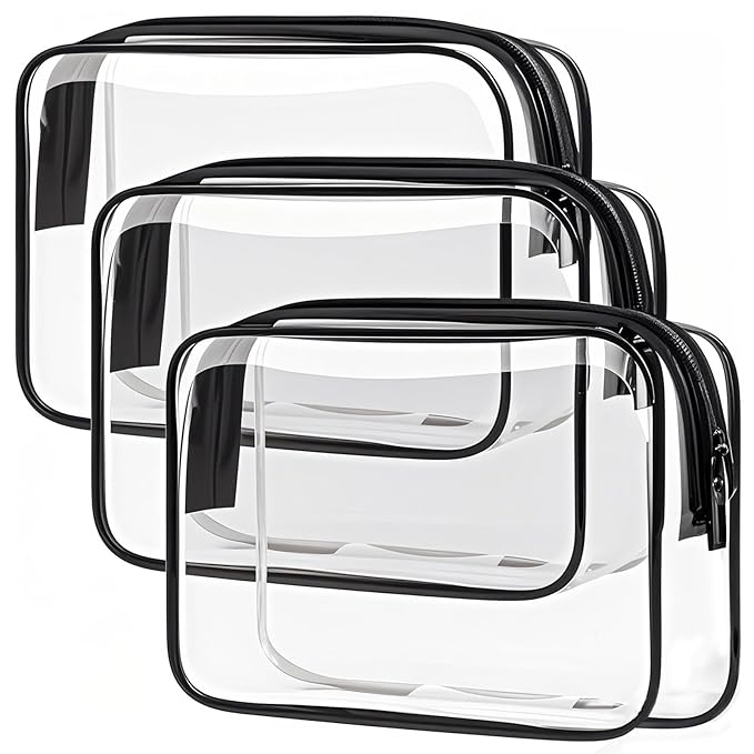 TRODANCE Clear Toiletry Bag, 3 Packs TSA Approved Water resistant Travel Organizer, Airport Airline Travel Essential Carry On Makeup Cosmetic Bags for Women, Black - 3 packs
