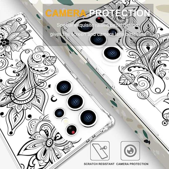 Compatible with Samsung Galaxy S24 Ultra Case Card Holder for Women Cute Design,Wallet Phone Cases Transparent Cool Kawaii Protective (Clear Black Henna Flower)