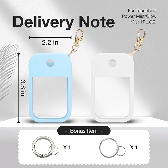 2 PCS Soft Silicone Case for Touchland Power Mist (1FL. OZ./30 mL), Protective and Stylish Case with Keychain Compatible with Touchland Hand Sanitizer Spray (Blue/White)