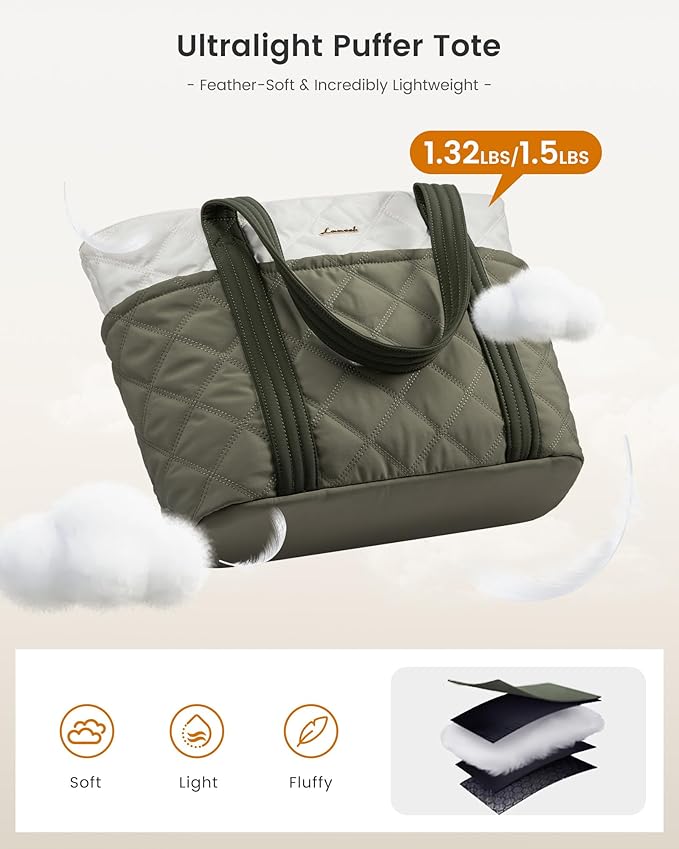 LOVEVOOK Puffer Tote Bag for Women, Puffy Work Handbag with Cup Holder, Travel Carry On Bag with Zipper for Teacher Nurse Gym