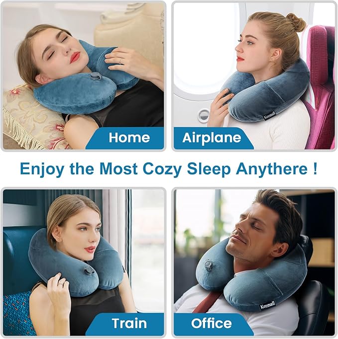 Keemall 2Pack Inflatable Travel Neck Pillow for Airplane Sleeping, Adjustable Blow Up Neck Support Air Pillow Traveling on Plane Long Flights Washable