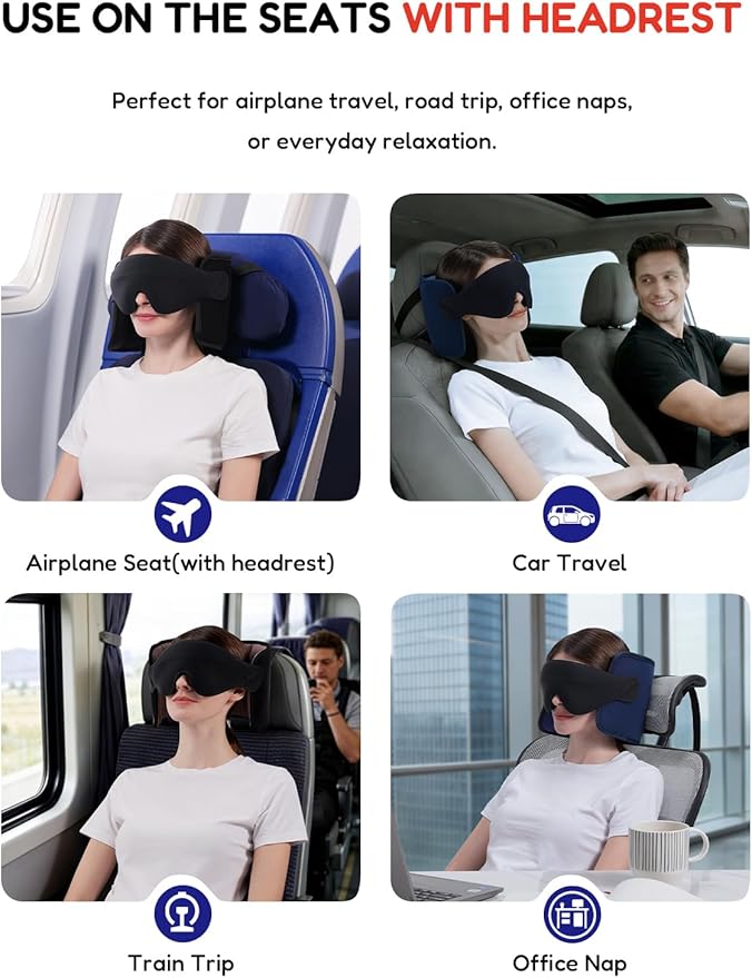 Travel Pillow for Airplane, Travel Pillow with Seat Strap and 3D Eye Mask to Firm Head, 360°Support Headrest No Bobblehead, Travel Essentials for Long Flight,Car Road Trip,Faded Blue