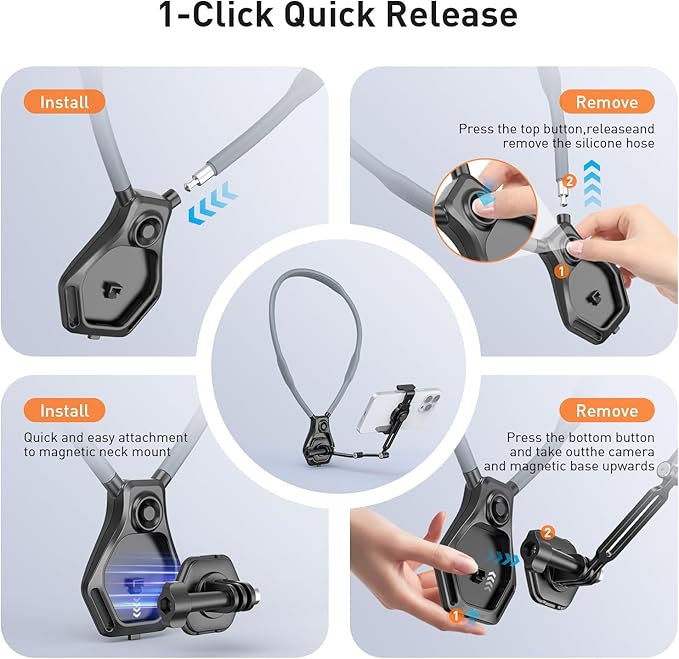 AMAZEAR Hands-Free Neck Mount for Phone & Action Camera - Adjustable Neckband Holder for iPhone, Android, POV Vlog Recording with Secure QR Magnetic Base, Elastic Anti-Shake Chest Strap