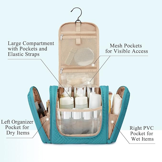 BAGSMART Large Travel Toiletry Bag for Women, Hanging Toiletry Bag with Hook, Travel Cosmetic Makeup Bag Travel Organizer for Accessories, Shampoo, Full Sized Container, Toiletries,Blue-Large
