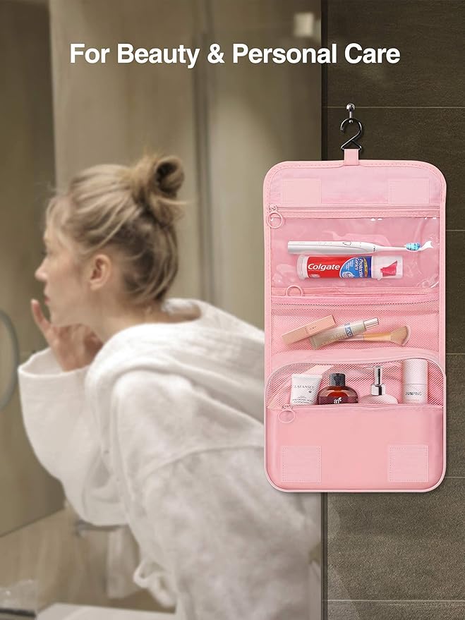 Luxtude Hanging Toiletry Bag for Women with Hanging Hook, Water-resistant Traveling Toiletries Bag, Portable Toiletry Travel Organizer Bag for Toiletries, Shower, Bathroom, Cosmetics Accessories-Pink