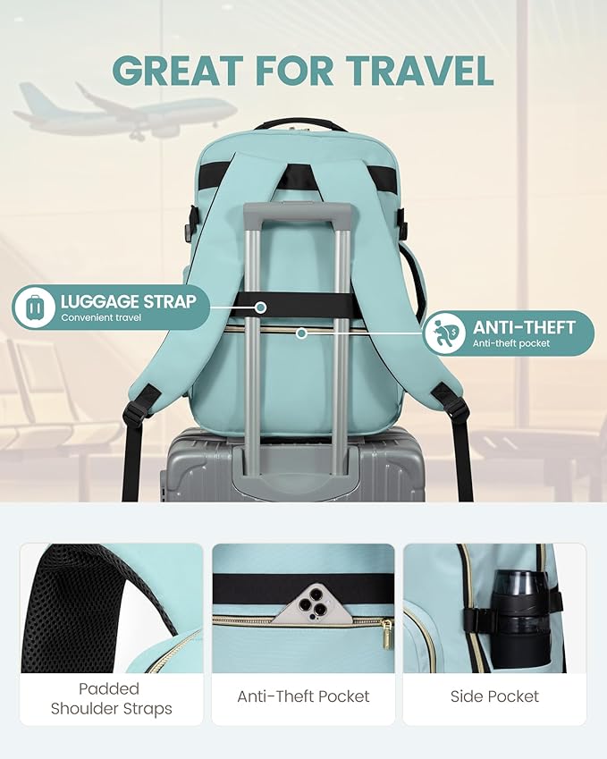 LOVEVOOK Travel Backpack for Women & Men 50L,Airline Approved Carry On Backpack Travel Essentials,TSA Carry on Luggage,Waterproof Personal Item Travel Bag,Suitcase with 3 Packing Cube,Mint green-Black