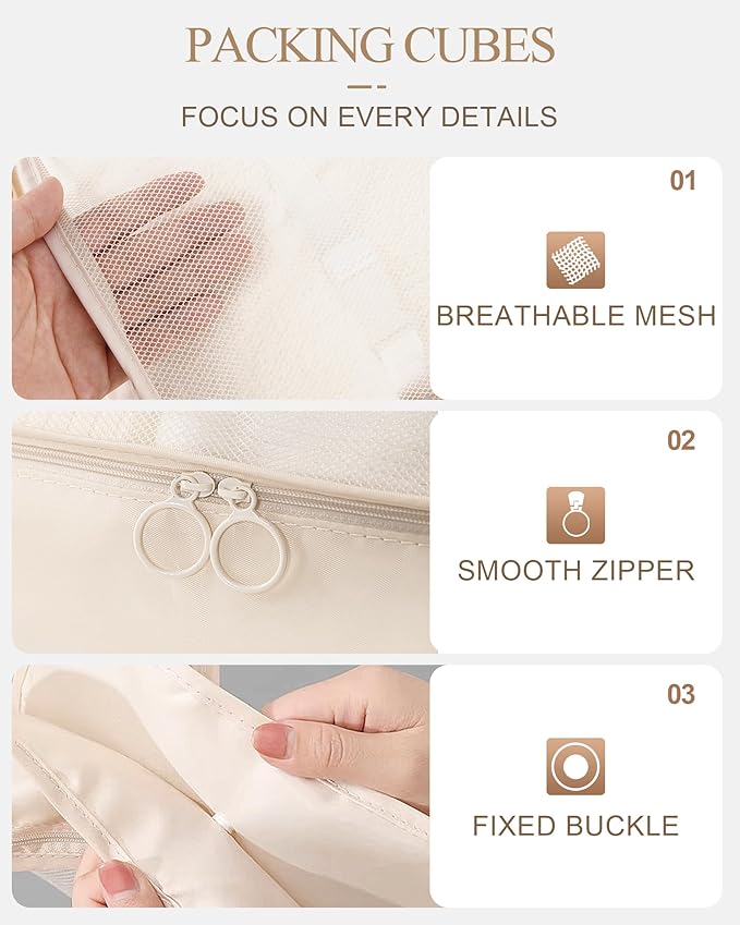 Anjing 10 Set Packing Cubes Luggage Organizers for Travel Accessories Essentials Organizer Bags Carry on Suitcases, Beige