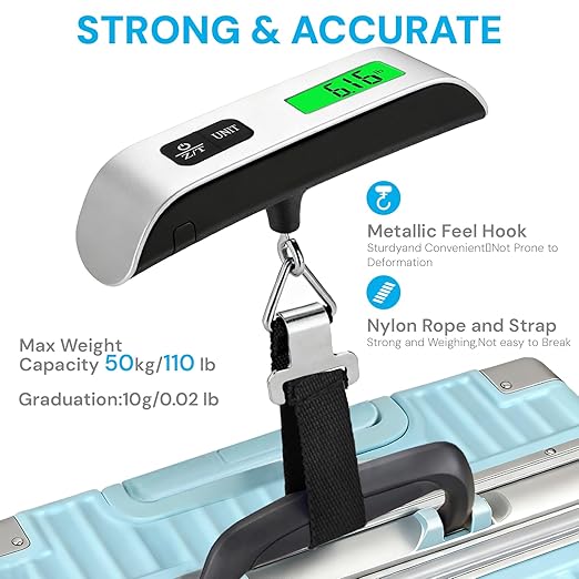 Digital Luggage Scale, 110lb Portable Suitcase Weight Scale for Travel with Backlit LCD, 4-Unit Switching, Non-Slip, Luggage Scale for Luggage, Backpacks, Packages (Battery Included)