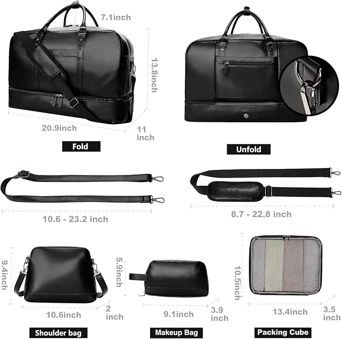 Large 4-in-1 Leather Duffle Bag for Travel Weekender Overnight Hospital Gym Bag for Men & Women, Carry On Airline Approved Personal Item Duffel Garment Bag Luggage with Shoe Compartment & Toiletry Bag