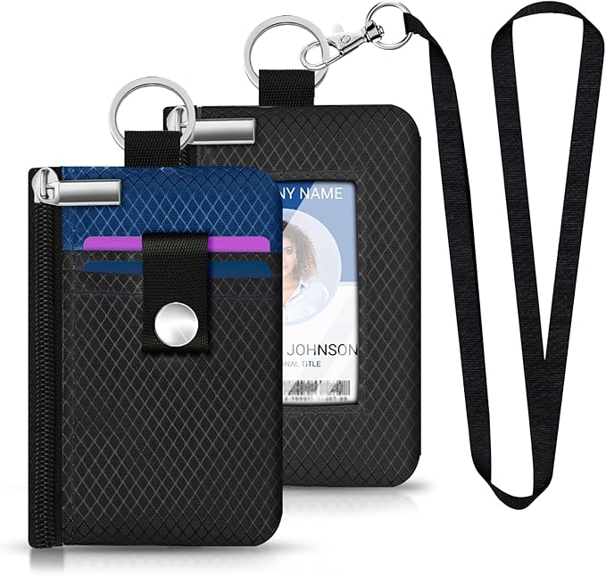Minimalist RFID Blocking Small Wallet with ID Window,WaterResistant Zip Id Case Wallet with Lanyard Keychain for Cards,Cash,Travel,Women,Men (Black/Electric Blue)