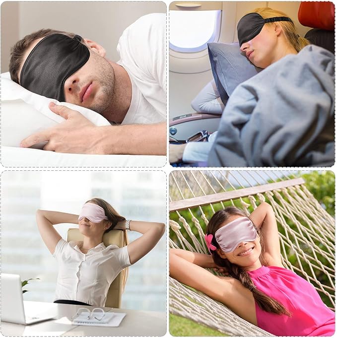 Silk Satin Sleeping Mask Eye Mask Set Include 2 Blindfold Eyeshade Elastic Strap Double Layer Silk Filling Eye Cover 2 Ear Plugs 2 Storage Bags for Women and Men Sleep Travel Nap (Black, Pink)