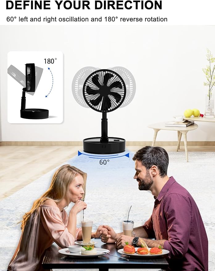 UN UNITEDTIME Foldable Fan Foldaway with Remote Control, 7200mAh Rechargeable Battery Powered Pedestal Fan for Camping, 4 Speed, Timer, Portable Table for Travel, Outdoor, Home (Black)