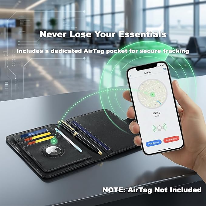 Passport Holder for Travel, RFID Blocking Leather Airtag Wallet for Women Men, Large Passport Cover Essentials Gift, Tickets, Cash, Photo, Sim Card Pen Slot, Black